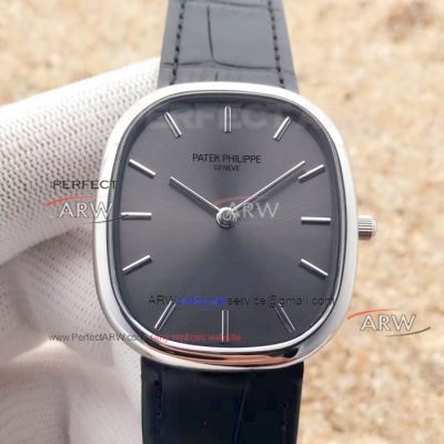 Perfect Patek Philippe Golden Ellipse Replica 5738R Price List - Grey Dial Black Leather Strap Watch